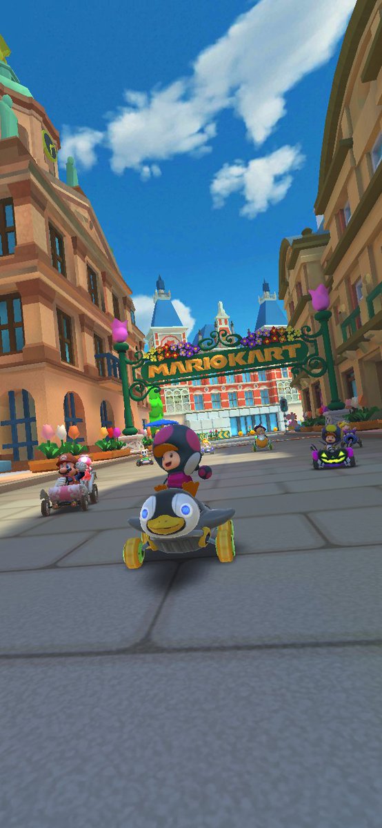 AlvinSa50495218's tweet photo. Cutest Penguin suits Toadette and Toad on a Amsterdam Drift 2 with Classic Mario &amp; Baby Peach Cherub on April 25th

#MKTPerfectShot #toadette #toad #mario #princesspeach #babypeach #supermario #mariokart #mariokarttour #nintendo https://t.co/yZpTPledKR