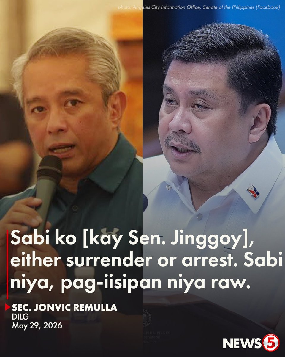 News5PH's tweet photo. 'ANG CONCERN NIYA AY 'YUNG TUHOD NIYA'

Pag-iisipan pa raw ni Sen. Jinggoy Estrada kung susuko o magpapaaresto siya kaugnay sa kinahaharap niyang kasong plunder at graft, ayon kay Department of the Interior and Local Government (DILG) Sec. Jonvic Remulla.

"Ang concern niya ay 'yung tuhod niya na kailangan ng knee replacement [surgery]. Sabi ko, it's beyond our jurisdiction... sa Sandiganbayan na lang siya magpapaliwanag," saad ni Remulla. | via MOJO Jazz Paredes