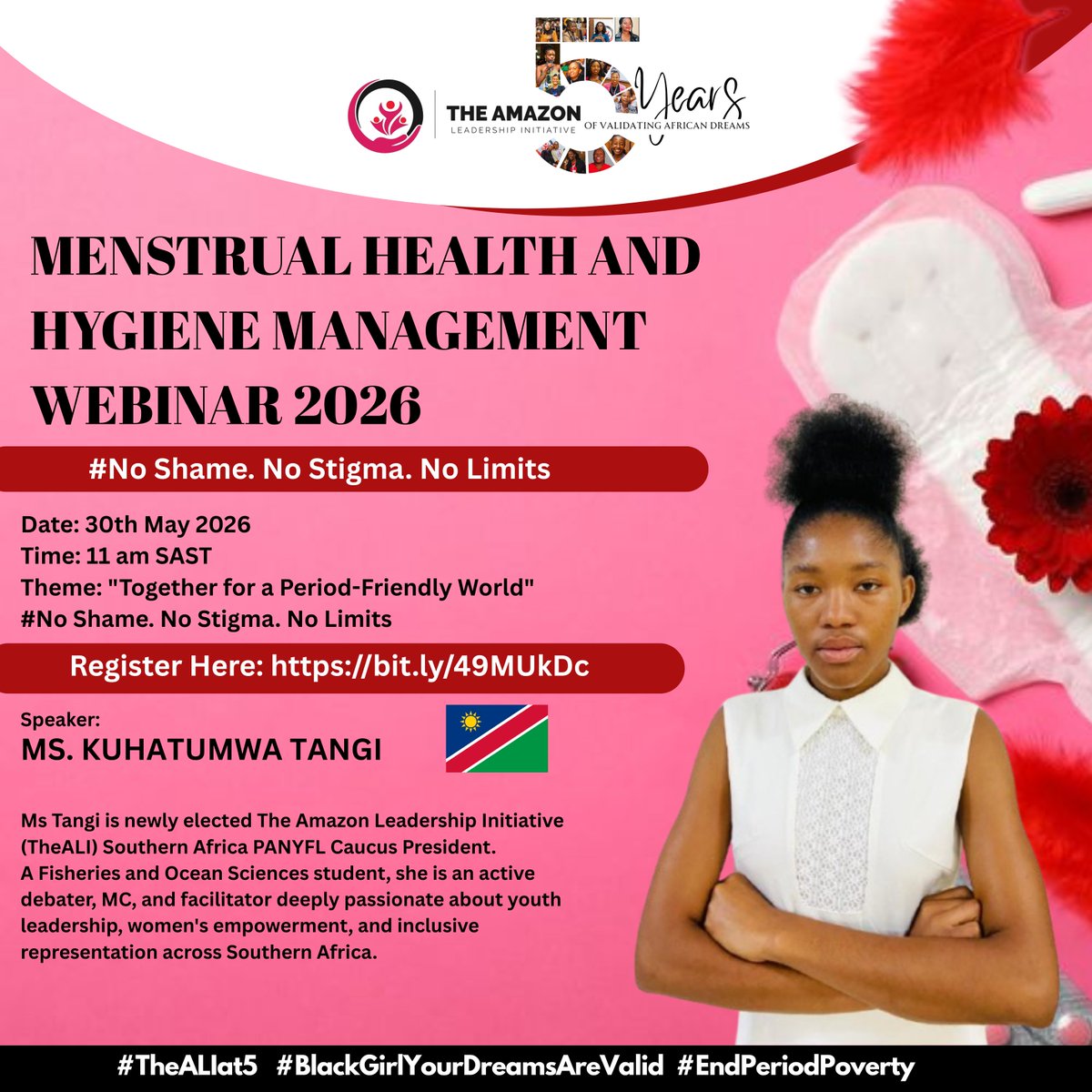 TheALIorg's tweet photo. Southern Africa Caucus president Ms. Kuhatumwa Tangi will be delivering the opening remarks for our #MHDay2026 webinar, setting the stage for an impactful, transformative conversation on menstrual health🔴
Register: https://t.co/JSKqaAOIxC 
#PeriodFriendlyWorld #EndPeriodPoverty https://t.co/Pte8nBbpCB