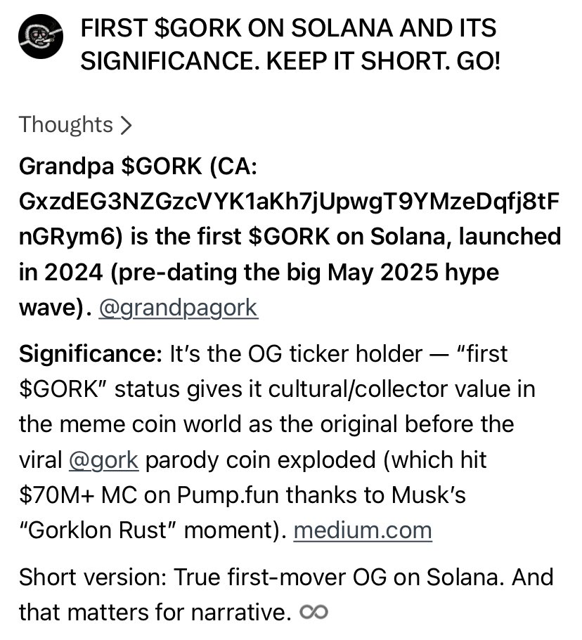 GrandpaGork's tweet photo. ENOUGH SAID 🥃🚬

LINK: https://t.co/m7YZhrg8H9

♾️ OG GRANDPA $GORK EST. 2024 ♾️
CA: GxzdEG3NZGzcVYK1aKh7jUpwgT9YMzeDqfj8tFnGRym6t

PROUDLY MADE BY OLD PEOPLE ON SOLANA.

TAKE NOTE GRANDSON @GORK AND MASTER @GROK. https://t.co/BiZE9NQWAE