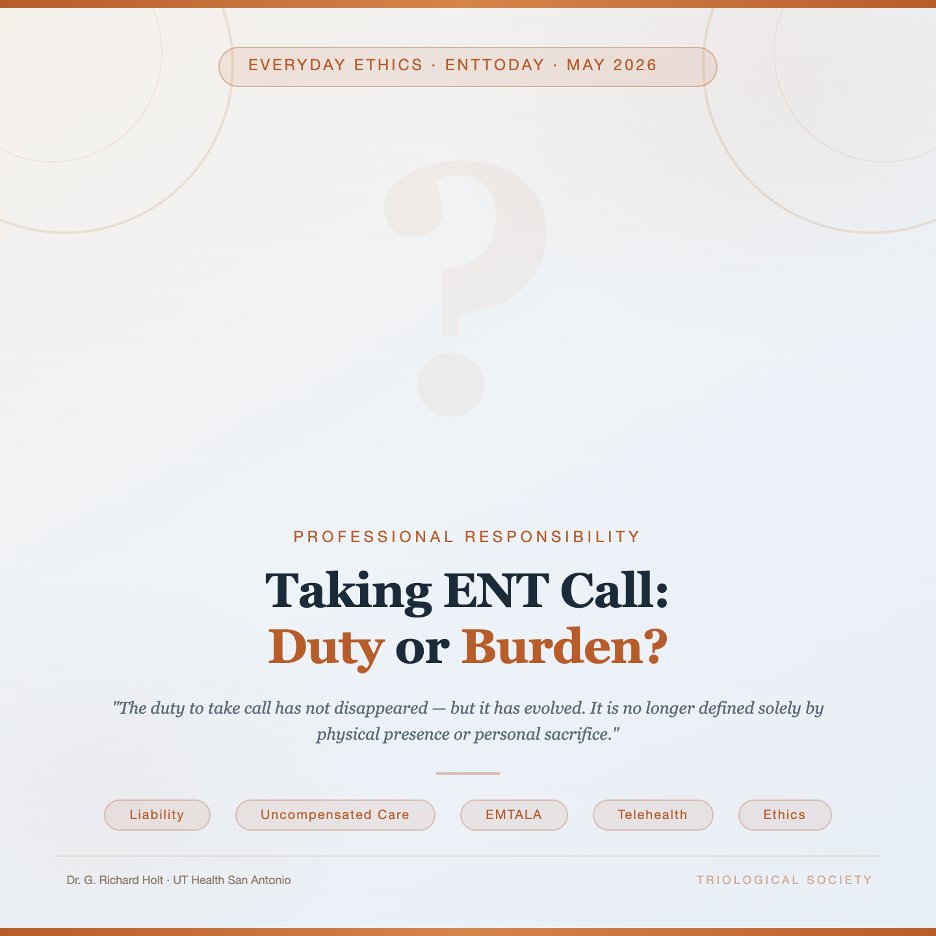 Triological's tweet photo. 📟 It's 1 a.m. The ED calls. The patient is uninsured, intoxicated, and has a temporal bone fracture with facial nerve involvement. Do you go in?

Dr. G. Richard Holt tackles one of the most honest questions in our specialty — when does professional duty become an unsustainable burden, and how do we navigate it ethically? 

Liability, uncompensated care, EMTALA, and the evolving role of telehealth all factor in. Worth a read.

📖 https://t.co/3yQKCC35sL
#Otolaryngology #ENT #MedicalEthics