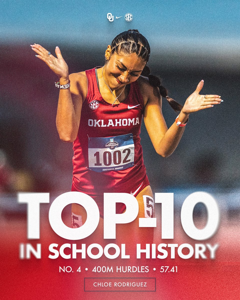 OU_Track's tweet photo. survive and advance 📈

Chloe Rodriguez is through to Saturday’s 400m hurdles quarterfinal with a season-best time of 57.41, moving up to No. 4 in OU history! https://t.co/W9GRfT5LA8