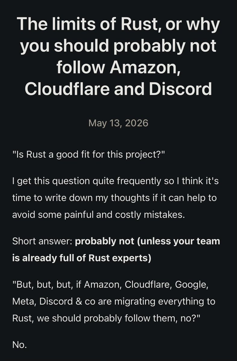 0xglitchbyte's tweet photo. Rewriting everything in Rust is an overhyped mistake https://t.co/8gjmISwNNb
