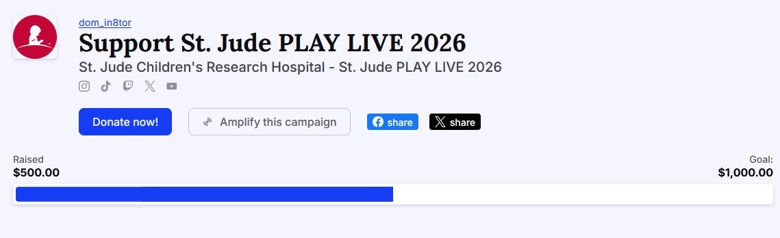 DOMin8tor_'s tweet photo. We hit our $500 Goal tonight for @StJude @StJudePLAYLIVE !!! Don't even have the words but so thankful to be able to do what I do to fundraise for such a great cause! So also thankful for my community, I wouldn't have it any other way! https://t.co/A3g5nnF8nx