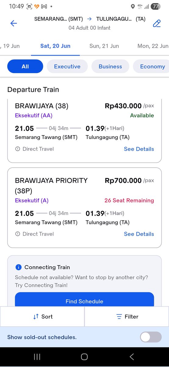 Abshor17's tweet photo. @KAI121 Kak, mau tanya. Aku mencari tiket Ekonomi dari Semarang (Tawang dan Poncol) ke Tulungagung tanggal 21 Juni 2026. Di Tawang hanya muncul tiket Eksekutif (KA Brantas dan KA Brawijaya), sementara Ekonomi tidak muncul. Sementara di Poncol tidak muncul sama sekali. Mohon pencerahannya https://t.co/GmErOeGlJs