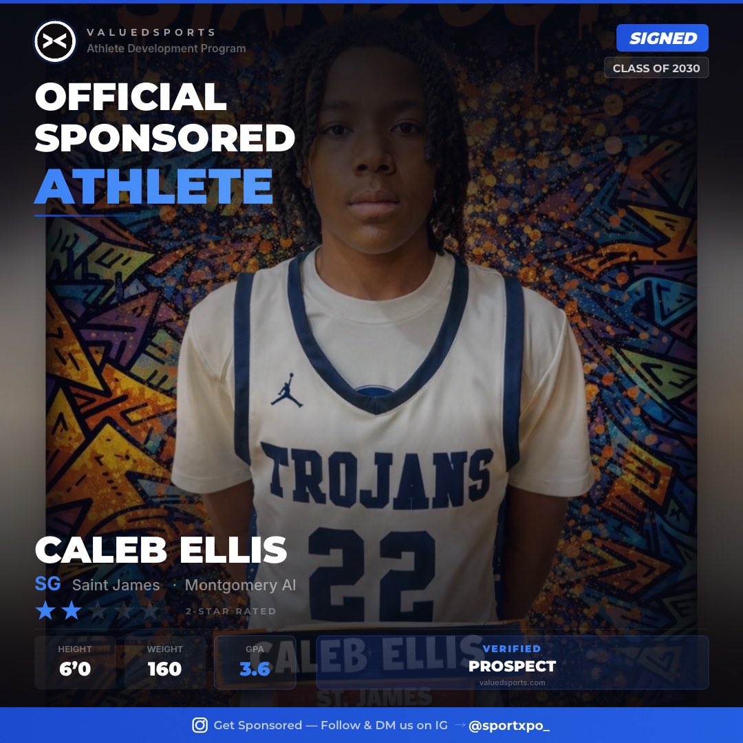 CalebEllis101's tweet photo. Caleb  Ellis | SG | Class of 2030 | Saint James 

Official Sponsored Athlete — Verified by @sportxpo_

Get your own free athlete card:
https://t.co/dWEKb5dymd

#Recruiting #HighSchoolSports #SponsoredAthlete #ClassOf2030 #ValuedSports https://t.co/XMrXF8JJg4