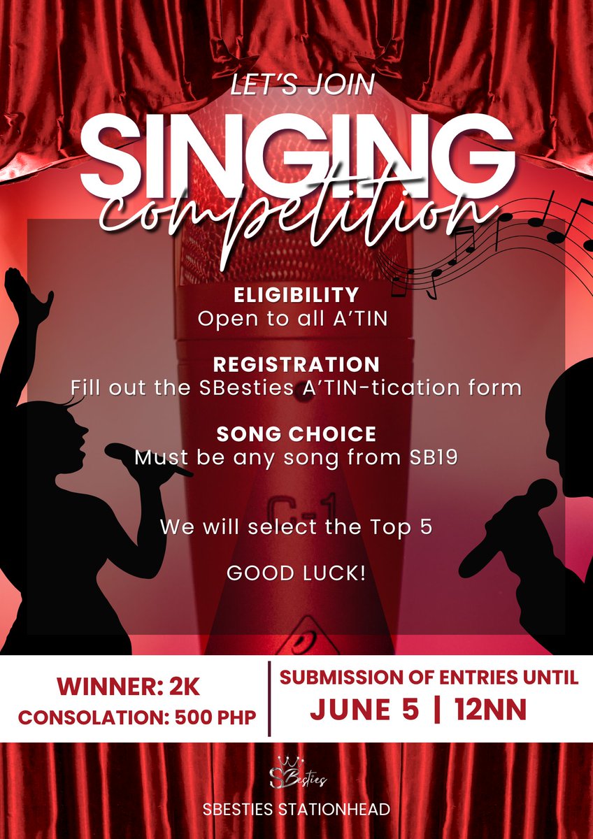 sbesties_'s tweet photo. 🎤THINK YOU’VE GOT WHAT IT TAKES?

A’TIN, turn your voice into a win! 🌟
Join the SBesties Singing Competition and let your voice be heard!

🔥REGISTER NOW!
🔗https://t.co/God0x26yn4

📩Please DM us a screenshot of your registration confirmation along with your name. Thank you! https://t.co/MaKyvIcwXk