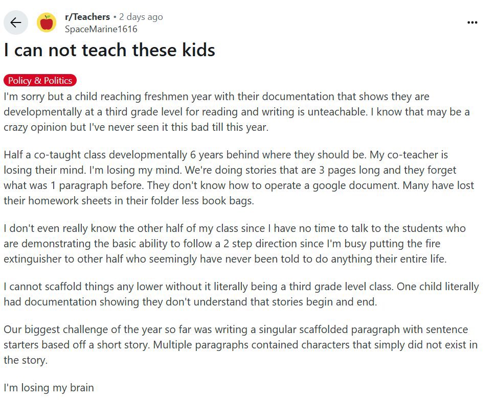 escapefrommelos's tweet photo. at what point will we just admit that “public education” isn’t about “teaching kids to read”, it exists to keep the bottom ~30% of students in a controlled environment and off the streets where the can do real damage https://t.co/ye95Teq3ke