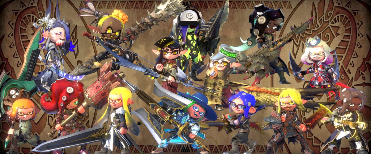 Squiddlywoomy's tweet photo. Splatoon x Monster Hunter!!

A new band of hunters has joined the scene!!

#Splatoon3 #MonsterHunter #blender https://t.co/CZqJixRrQB