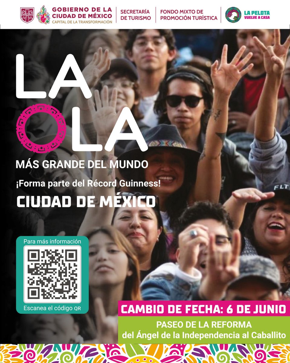 GobCDMX's tweet photo. #LaPelotaVuelveACasa | 🙌 Este 6 de junio la Ciudad de México hará historia con #LaOlaMásGrandeDelMundo. 🌎

Juntas y juntos logremos el Récord Guinness y vivamos un momento inolvidable junto a miles de personas en el corazón de nuestra #CapitalDeLaTransformación. ✨ https://t.co/qZau4Tu4CH