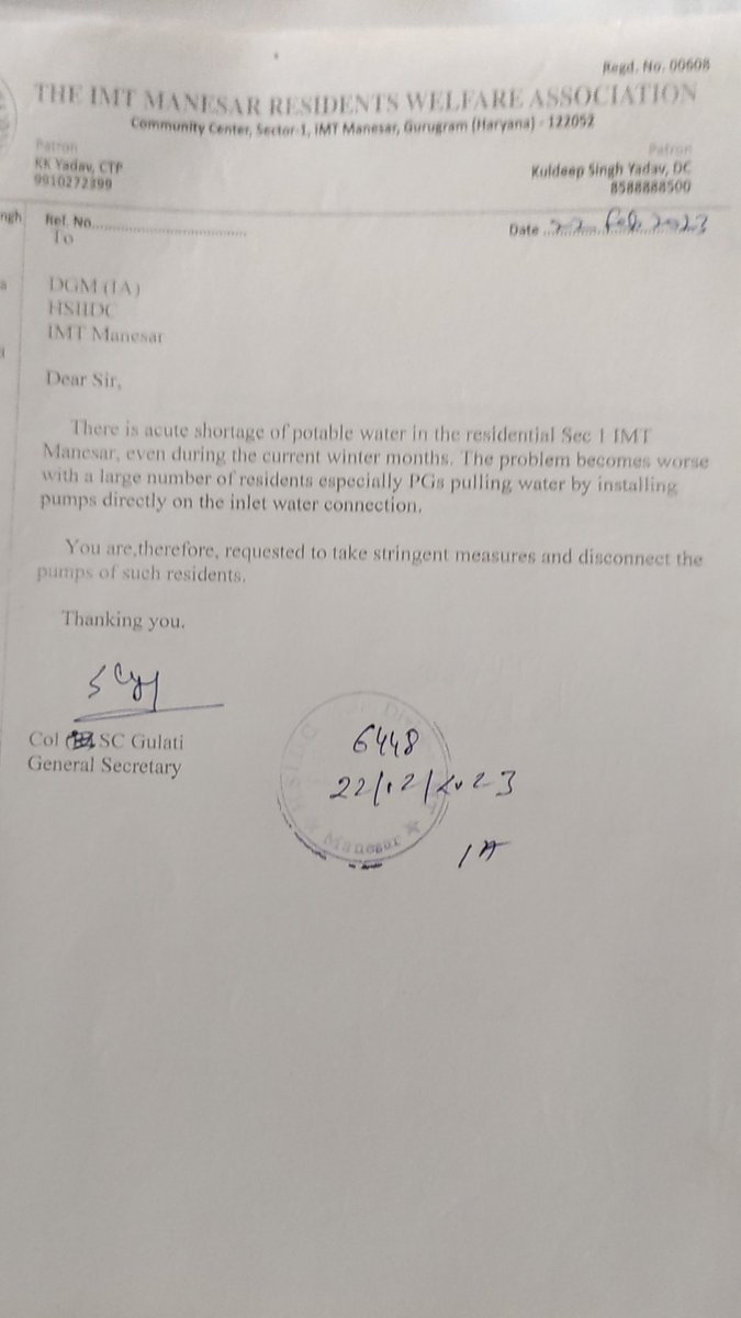 RWAManesar's tweet photo. @mdhsiidc से निवेदन है कि आइएमटी मानेसर में एजीएम राजीव गोयल की जगह किसी ईमानदार और कर्तव्यनिष्ठ अधिकारी को नियुक्त करें। तीन साल से ऊपर हो गए हैं कि सेक्टर-1 आइएमटी मानेसर के निवासी पानी पूर्ति की समस्या से जूझ रहा है। हम हर तीन-चार महीनों में एजीएम राजीव गोयल से मिलते रहे हैं। https://t.co/X4i93ZmC2e