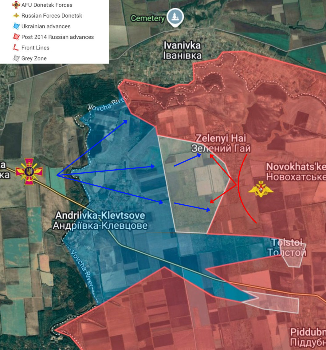 CKMapss's tweet photo. 🇷🇺🇺🇦Ukraine war update
- Komar front
- +4.47 sq miles to Ukraine
- Corrections have been made in favor of Ukraine, the AFU has pushed the Russians back from eastern bank of the Vovcha river with all of Andriivka- Klevtsove being under Ukrainian control, fighting for Zelenyi Hai, Tolstoi, and Piddubne continue