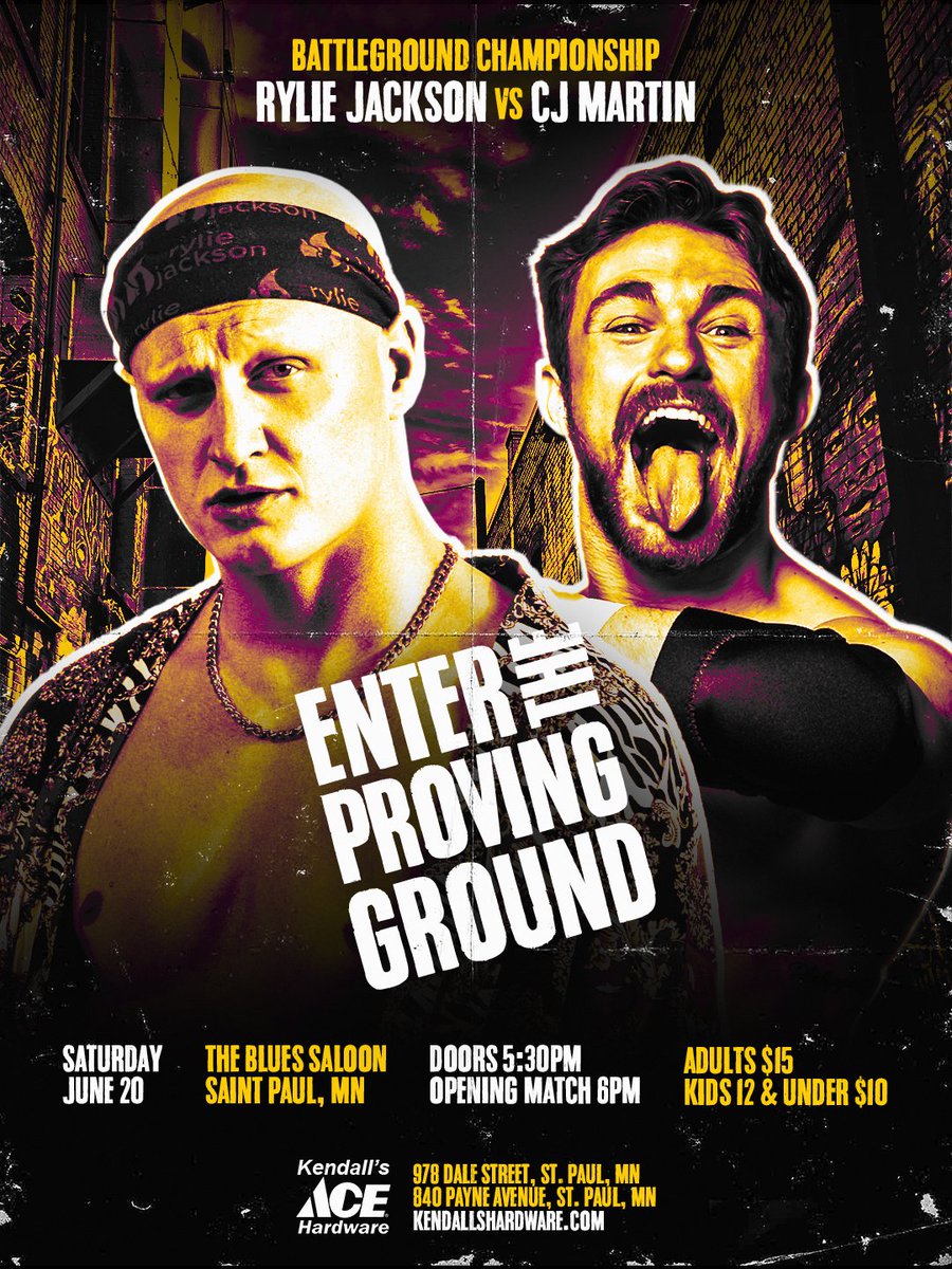 ProBattleground's tweet photo. 💥Saturday, June 20th 💥
PRO WRESTLING BATTLEGROUND 
Enter The Proving Ground 
The Blues Saloon 
1638 Rice Street 
Saint Paul MN 
6 PM https://t.co/gT6mWhkR9Q