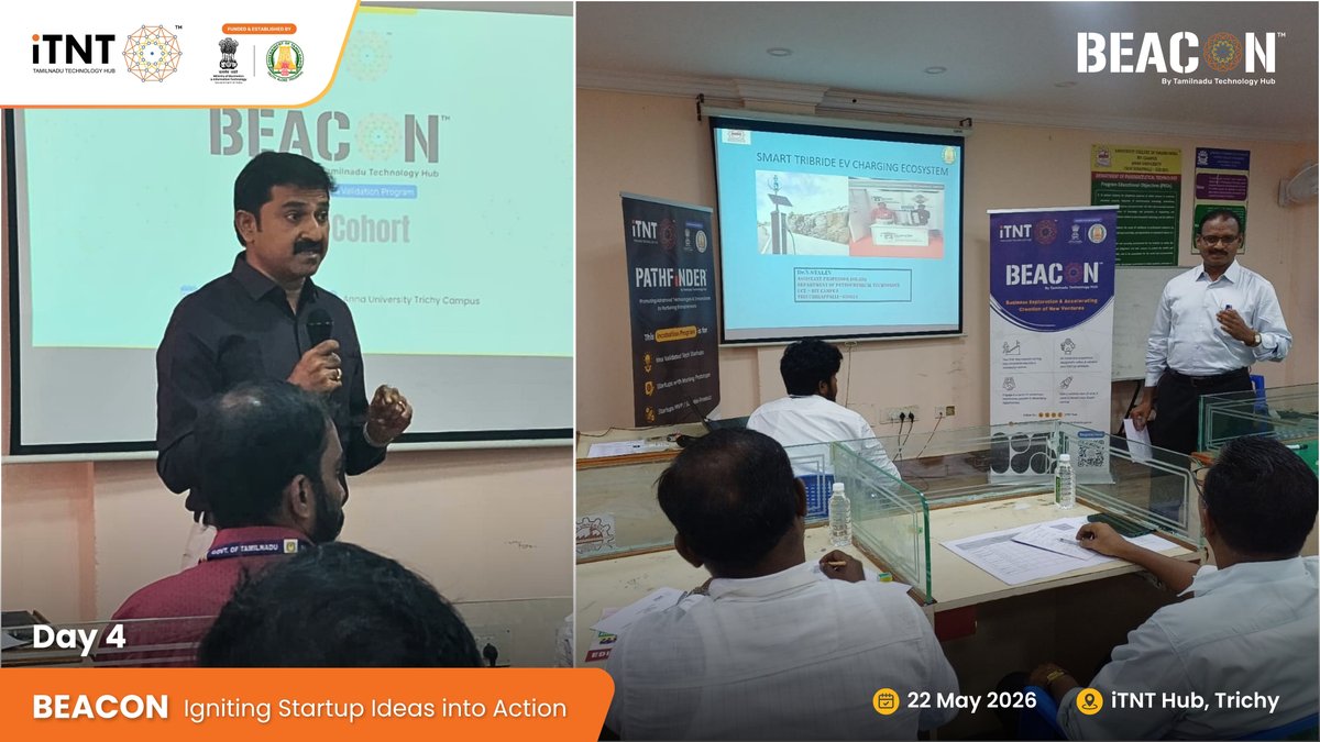 itntHub's tweet photo. 𝗜𝗴𝗻𝗶𝘁𝗶𝗻𝗴 𝗦𝘁𝗮𝗿𝘁𝘂𝗽 𝗜𝗱𝗲𝗮𝘀 𝗶𝗻𝘁𝗼 𝗔𝗰𝘁𝗶𝗼𝗻

iTNT Trichy Regional Hub successfully hosted BEACON, iTNT Hub’s flagship Idea Validation Bootcamp, from May 19–22, empowering 30 founders & innovators from the region to take the next big leap in their entrepreneurial journey.

Over four intensive days, participants engaged with industry experts, entrepreneurs, and academic leaders through interactive sessions focused on building scalable and sustainable startups.

𝙃𝙞𝙜𝙝𝙡𝙞𝙜𝙝𝙩𝙨 𝙛𝙧𝙤𝙢 𝙩𝙝𝙚 𝙨𝙚𝙨𝙨𝙞𝙤𝙣𝙨
- Ms. Vanitha Venugopal, CEO, iTNT Hub - Welcome Address

- 𝗗𝗿. 𝗧. 𝗦𝗲𝗻𝘁𝗵𝗶𝗹𝗸𝘂𝗺𝗮𝗿, Dean - Anna University, Tiruchirappalli - Special Address

- 𝗗𝗿. 𝗝. 𝗞𝗶𝗿𝘂𝗯𝗮𝗸𝗮𝗿𝗮𝗻, NIT Trichy – Business Idea Validation & Team Building

- 𝗠𝗿. 𝗦𝗿𝗲𝗲𝘃𝗮𝘁𝘀𝗮𝗻, Guest Guru – Competitive Analysis & Positioning Strategies

- 𝗠𝗿. 𝗝𝗼𝗵𝗻𝘆 𝗦𝗼𝗹𝗼𝗺𝗼𝗻 𝗥𝗮𝗷, S.S. Rana & Co. – Legal, Regulatory & IP Strategy

- 𝗠𝗿. 𝗬𝗼𝗮𝗴𝗮𝗻𝗱𝗿𝗮𝗻 𝗔.𝗥 – Startup Pitfalls & Founder Challenges

- 𝗣𝗿𝗼𝗳. 𝗠𝘂𝗸𝘂𝗻𝗱𝗵𝗮𝗻 𝗞 𝗩, IIM Tiruchirappalli – Value Proposition & Revenue Streams

- 𝗠𝗿. 𝗩𝗶𝗻𝗼𝘁𝗵 𝗠𝗮𝗹𝗮𝗶𝗸𝗮𝗻𝗶, EDII-ABIRF – Early Market Entry & Pricing Strategy

- 𝗗𝗿. 𝗣𝗿𝗮𝗱𝗲𝗲𝗽 𝗡, NIT Trichy – Product Development Lifecycle & Prototyping

- 𝗠𝗿. 𝗔.𝗥. 𝗦𝗼𝗼𝗿𝗶𝘆𝗮𝗼𝗹𝗶, Reallist – Branding & Designing

- 𝗠𝗿. 𝗞.𝗦. 𝗠𝗮𝗻𝗶𝗸𝗮𝗻𝗱𝗮𝗻, IIM Tiruchirappalli – Problem Solving & Solution Brainstorming

The Bootcamp concluded with an intensive 1:1 pitching session before an expert jury comprising 𝗠𝗿. 𝗦𝘂𝘀𝗵𝗶𝗹 𝗞𝘂𝗺𝗮𝗿, CEO, Center for Entrepreneurship Development and Incubation - NIT Trichy, and Mr. Vinoth Malaikani, CEO - EDII-ABIRF, where participants showcased their innovative ideas and received feedback to refine their startup journeys.

The cohort also expressed strong interest in continuing their entrepreneurial journey with iTNT Hub's incubation and acceleration programmes.

#Beacon #TrichyCohort #InnovateInTN #BuildTheFuture #DeepTech #EmergingTech #Innovation #Technology #TamilNadu #Startups #InnovateInTamilNadu #TamilNaduStartups #Entrepreneurship #StartupEcosystem #Innovation