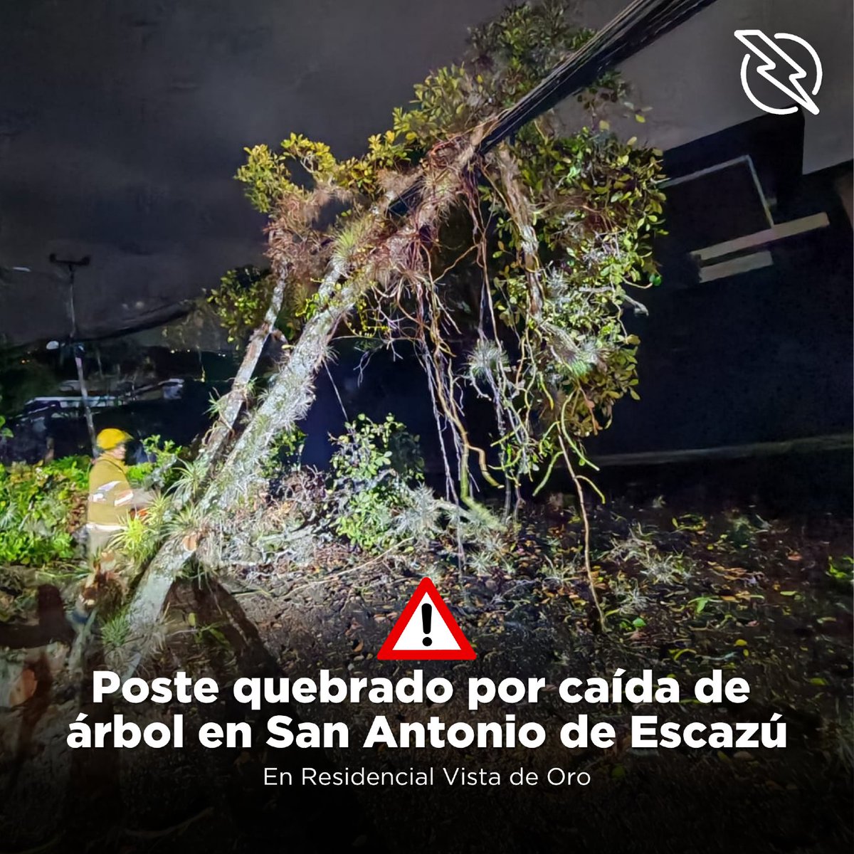 cnflcr's tweet photo. ⚠ #AVERIA en Escazú ⚠

📍 Poste quebrado por caída de árbol, en Residencial Vista de Oro en San Antonio de Escazú.

Nuestras cuadrillas trabajan para restablecer el servicio a los más de 200 clientes afectados lo antes posible. https://t.co/iutkZrxUmi