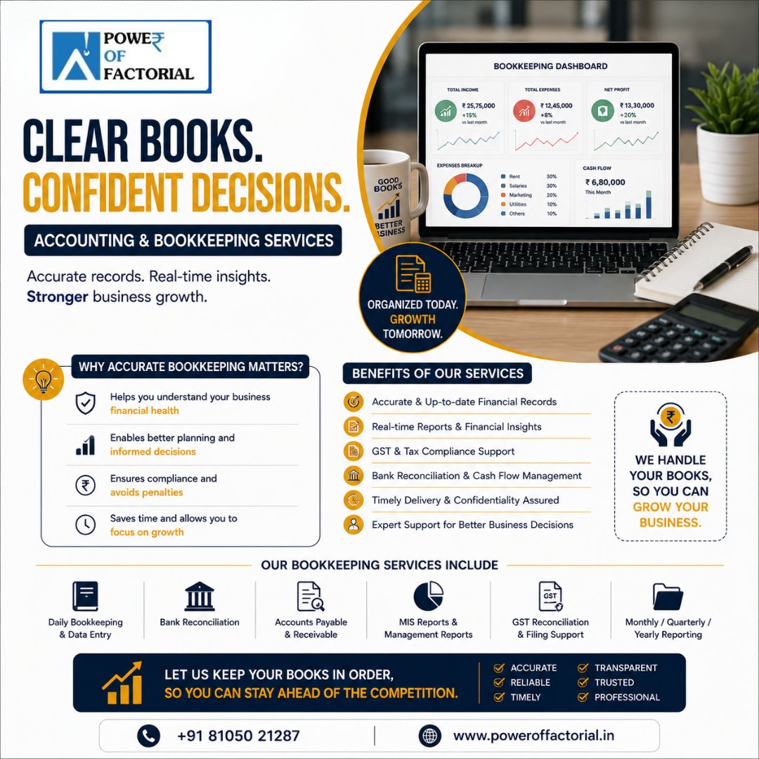 PowerOfactorial's tweet photo. professional Accounting &amp; Bookkeeping Services from Power of Factorial, you get:
📞 Contact Us: +91 81050 21287
🌐 Visit: Power of Factorial
#Bookkeeping #AccountingServices #BusinessGrowth #FinancialManagement #GSTCompliance #TaxSupport #CashFlowManagement #BusinessAccounting https://t.co/mb2p0J3Wi7