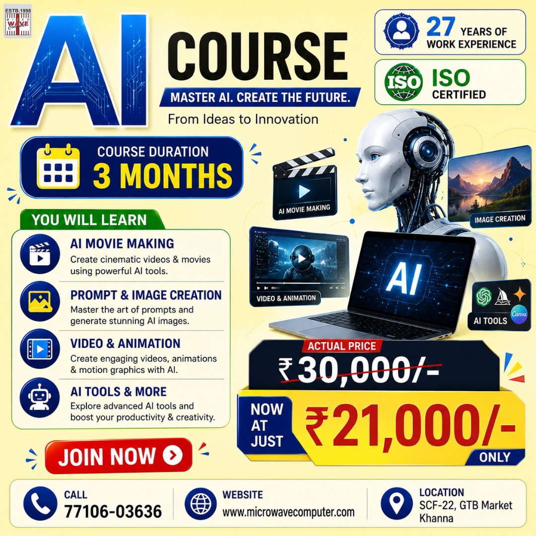 arpi71840's tweet photo. AI COURSE IN KHANNA
Master the future with our AI Automation Course designed to help you automate tasks, improve productivity, and grow digital skills. Learn AI tools, chatbots, workflow automation, and smart business solutions with practical training. 
https://t.co/OjSH5g9dHJ https://t.co/CIfLdj9YEl
