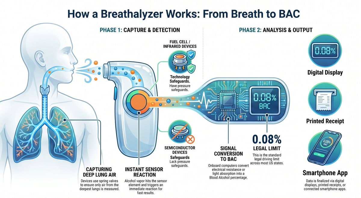 prasoontech's tweet photo. 🤔 How does a breathalyzer work?
Platinum electrode + your breath = oxidized alcohol molecules = electrical current.
More alcohol = stronger signal = higher BAC.
That's it. That's the magic ✨
https://t.co/XHT9EXV6Py
#DailyTechDrip #Breathalyzer #Science #DUI #dailytechdrip https://t.co/2q4UGjmQhx