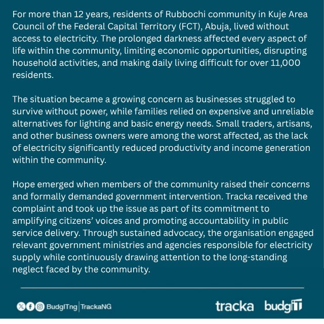 TrackaNG's tweet photo. For more than 12 years, residents of Rubbochi community in Kuje Area Council of the Federal Capital Territory (FCT), Abuja, lived without access to electricity. 

This affected every aspect of life within the community of over 11,000 residents.

Tracka received this complaint and began to engage relevant government ministries 
 responsible.

Today, Rubbochi has experienced a remarkable transformation. The solar-powered system provided for them has improved living conditions and revived economic activities across the community. 

Read more about Robbochi’s story here: https://t.co/KAjcGWTJvV

#ImpactFriday