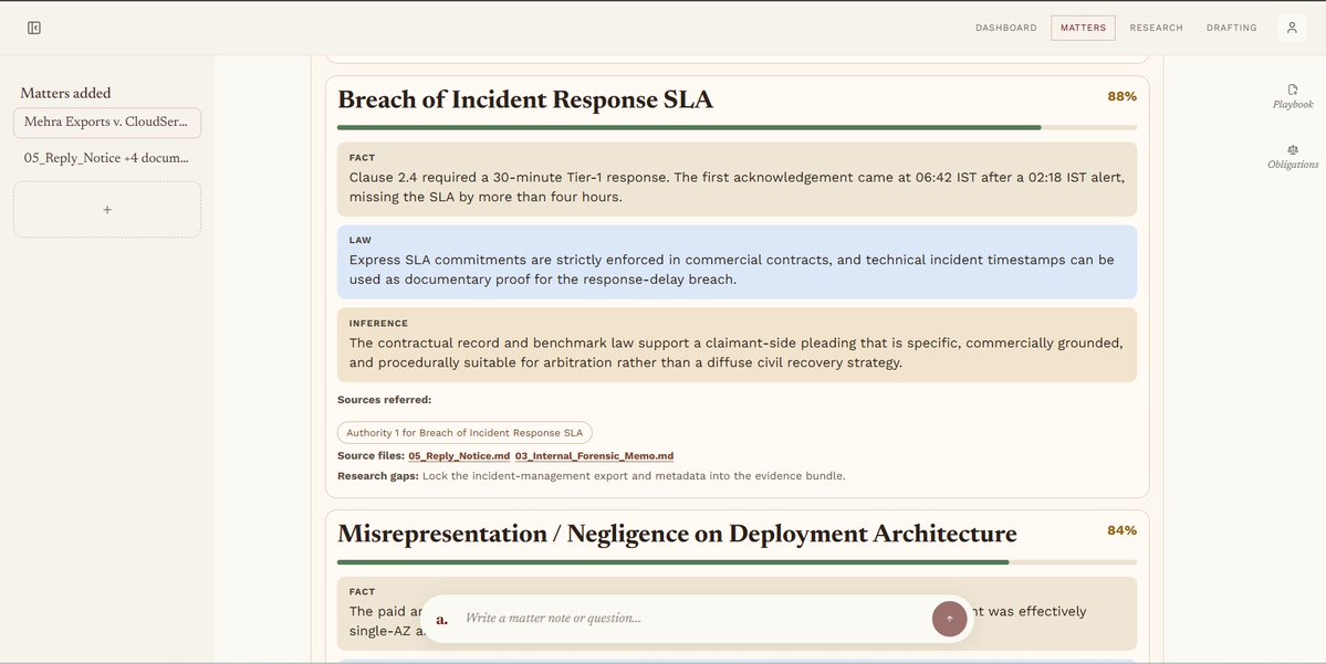 SenapatiSounak's tweet photo. Day 2.

An user called me Yesterday to tell me @tryassociatelab was arguing against their own client.

I was genuinely amused. And embarrassed. What happened: they dropped a single document with no prompt. The AI assumed it was the initiating party and went ahead building cases and statutes to match the argument it invented. Edge case we thought would never happen. It did.

Fixed it overnight. Now it asks for clarification on edge cases and shows its full analysis so the lawyer can audit or correct it. 88% confidence on the same matter today.

Yesterday was also this:
a. First post went up. 20 lawyers are in my DMs asking for waitlist access.
b. Got into AWS Activate.
c. Applied to @fdotinc accelerator. Hoping for a reply.
d. Had 2 investor calls, both never joined. One was a personal connect with great prior conversations. Ghosted.
e. During a client call, my internet died mid-pitch. The guy sitting next to me in the café lent me his laptop to finish the call. Still was a disaster. 
f. My entire personal investor list of 7 is now done. 3 rejections. 4 ghosts.

Back to cold outreach.

But those 20 lawyers don't care if we raise. They care if their morning is easier.

That's the only thing keeping me going today.

If you're one of them, access coming shortly. Promise.