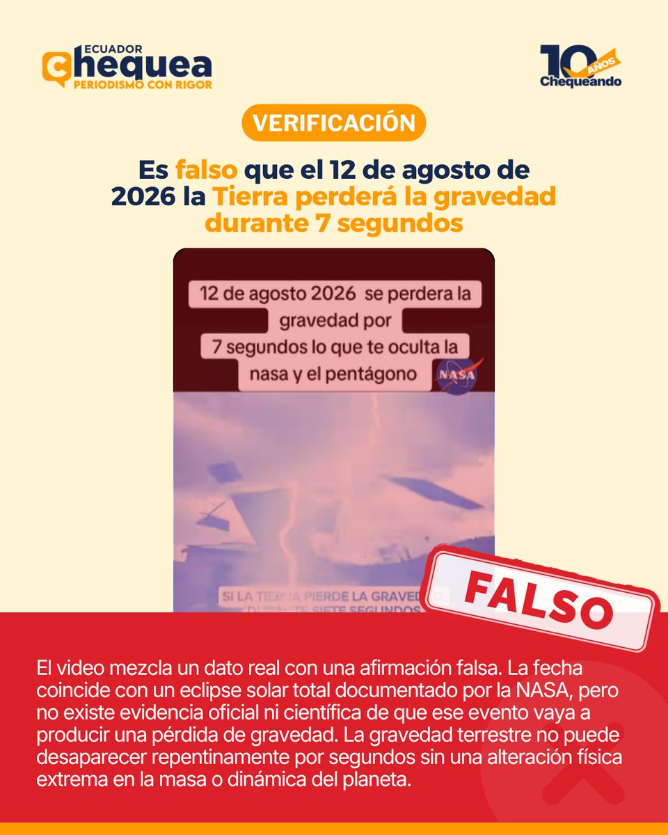 ECUADORCHEQUEA's tweet photo. #ChequeaPrimero | Un video viral asegura que el 12 de agosto de 2026 la Tierra perderá la gravedad durante 7 segundos y que la NASA y el Pentágono estarían ocultándolo.

Sin embargo, no existe evidencia científica ni oficial que respalde esa afirmación. La NASA sí registra un evento astronómico para esa fecha: un eclipse solar total. Pero los eclipses no provocan que la gravedad desaparezca.

Además, la NASA explica que la gravedad es una fuerza asociada a la masa de los cuerpos y que no puede “apagarse” repentinamente durante segundos sin una alteración física extrema del planeta. Tampoco existen comunicados o alertas oficiales sobre un supuesto evento de pérdida de gravedad en 2026.