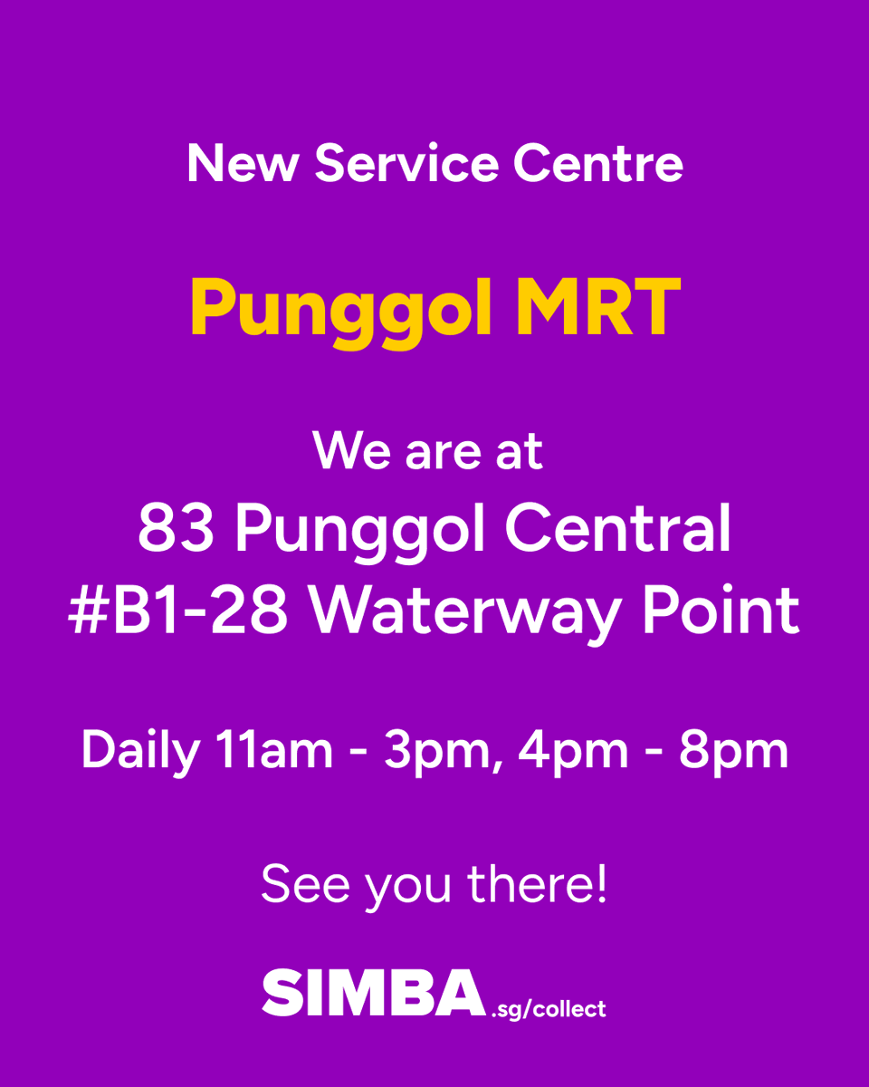 SimbaTelecomSG's tweet photo. ALERT! New SIMBA Service Centre has arrived in Punggol Waterway Point

⚡We are bringing down exclusive CEE deals to Waterway Point too!

Head over to the NEW SIMBA Service Centre at Waterway Point and enjoy the same exclusive deals 🤯

📍 Waterway Point #B1-28
📅 29 – 31 May
⏰ 11am – 8pm

Whether you’re shopping at CEE or visiting us at WWP, the deals stay just as 🔥

#SIMBA #SimplyTheBest #SIMBABroadband #SIMBA5G