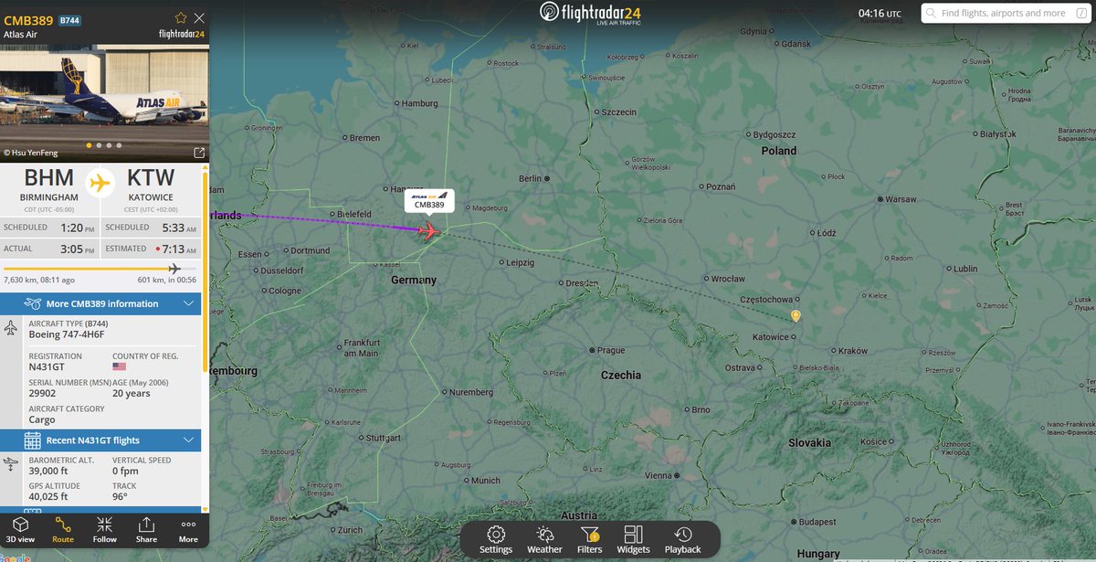 PolishMilRadar's tweet photo. 📅 29.05 🕒06:17LT - ✈️B747 zmierza do Katowic ‼️
Do portu lotniczego Katowice-Pyrzowice #EPKT zmierza ✈️ Boeing 747-4H6F "N431GT" należący do linii Atlas Air. #CMB389 leci z portu lotniczego Birmingham #KBHM w Stanach Zjednoczonych 🇺🇸.
Lot realizowany jest na zlecenie Dowództwa Transportu Stanów Zjednoczonych #USTRANSCOM
🔗https://t.co/gv1xd26UFX
#POLMILRADAR