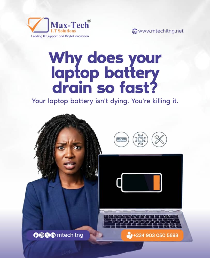 mtechitng's tweet photo. Your laptop battery isn't dying. You're killing it.
1. Always plugged in
2. Draining to 0%
3. Using on soft surfaces
4. Skipping updates
5. Full brightness 24/7
Any of these sound familiar? Your battery is paying the price.
#mtechitng #maxtechitsolutions #laptop #battery https://t.co/qiUng2fbtE