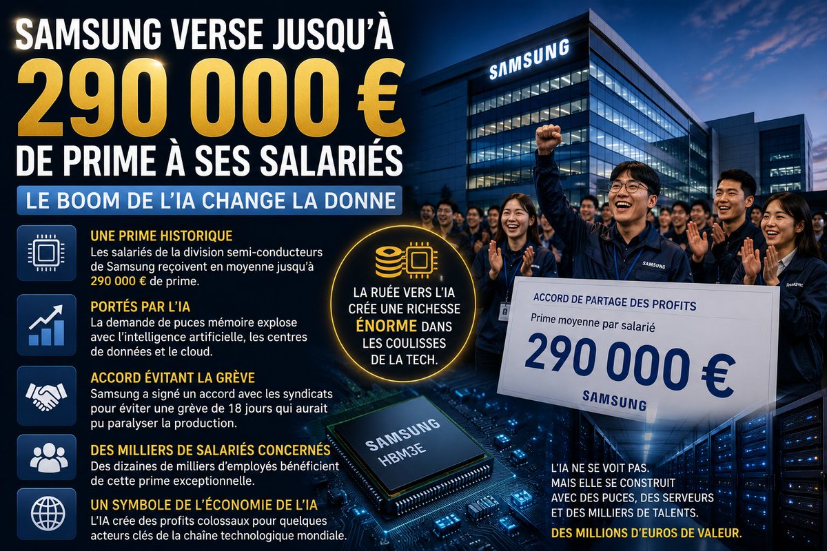 V_Jobcoach's tweet photo. Samsung vient d’accorder jusqu’à 290 000 € de prime moyenne à certains salariés de sa division IA et semi-conducteurs
https://t.co/PLnTNklpYq...
#IA #IntelligenceArtificielle #Samsung #FutureOfWork #FuturDuTravail #Tech #SemiConducteurs #Innovation #Economie #Business https://t.co/Td5xMRLafL