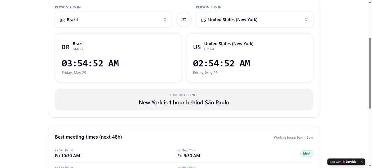 nazanin_ashrafi's tweet photo. if you don't like doing math for setting up a time for your coffee chat, you can use this web app

I vibe coded this with @Lovable  for myself but someone might need it too

All you need to do is to the pick countries 

https://t.co/jSOBCMMryr https://t.co/qRkE9QbV7Y