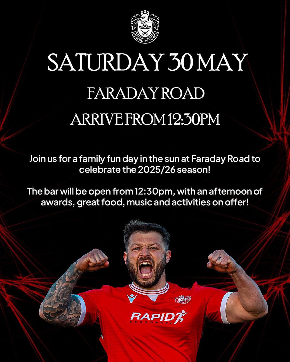 Newbury_Town's tweet photo. 1️⃣ day to go until our End Of Season celebrations at Faraday Road!

There will be cold drinks, great food and fun activity throughout the afternoon, make sure to join us from 12:30pm!

#UpTheTown ❤️🤍 https://t.co/ajxDDVstde