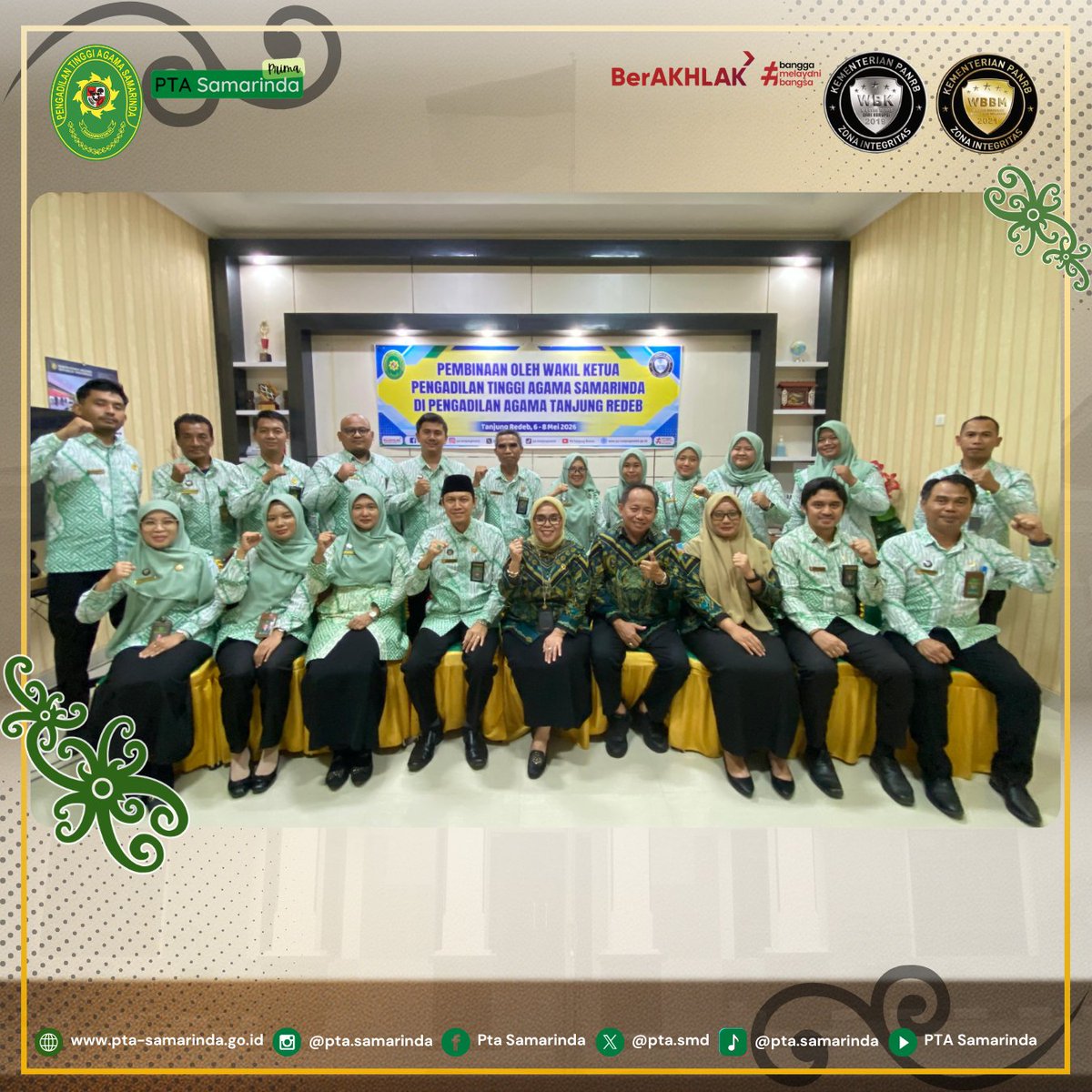 ptasmd's tweet photo. Rabu-Jumat, 06-08 Mei 2026 
PTA Samarinda laksanakan kegiatan Pembinaan &amp; Monitoring Pasca Pelaksanaan Binwasda Triwulan II Tahun 2026 oleh Wakil Ketua PTA Samarinda dan Panitera PTA Samarinda pada PA Tanjung Redeb. 
#PTASamarindaPRIMA
#ptasamarinda
Adm. N.M https://t.co/I58JE2caaw