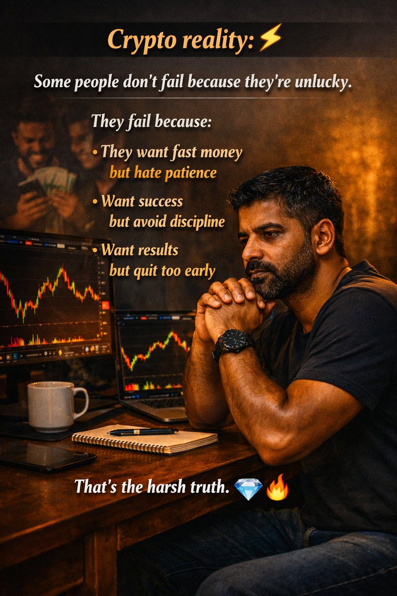 LIVINGBOYCRYPTO's tweet photo. Crypto reality: ⚡

Some people don’t fail because they’re unlucky.

They fail because:

They want fast money
but hate patience

Want success
but avoid discipline

Want results
but quit too early

That’s the harsh truth. 💎🔥
#LivingboyCryptonite #CryptoReality https://t.co/aGvXOZW7OO