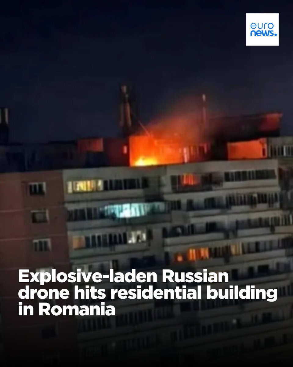 euronews's tweet photo. Romania on Friday said a Russian drone carrying explosives crashed in the eastern city of Galați, causing a fire on the roof of a residential apartment block.

The building was evacuated and two people sustained minor injuries, Oana Toiu, Romania's foreign minister, said. https://t.co/IRWRdErS3G
