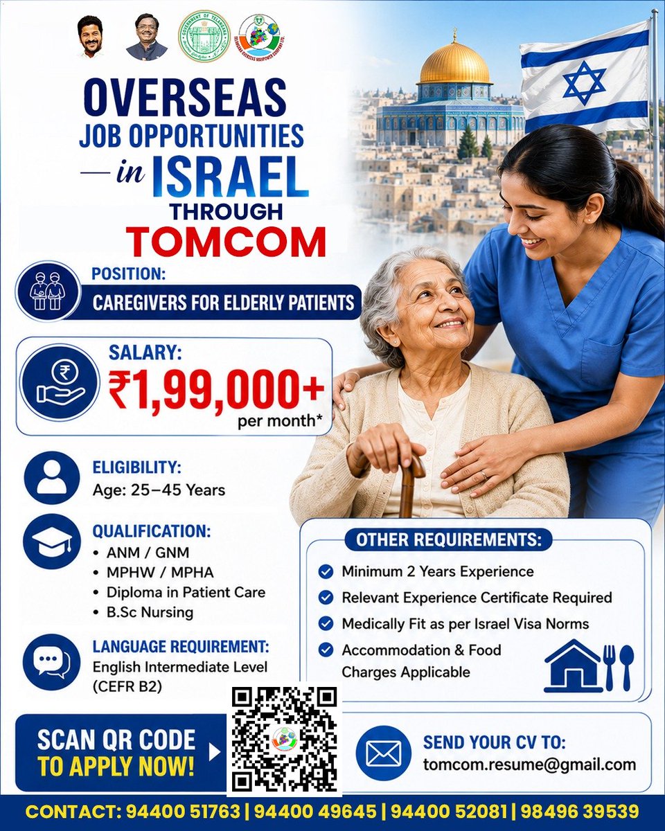 tomcom_gmts's tweet photo. Overseas Job Opportunities in Israel through TOMCOM

Position: Caregivers for Elderly Patients

Salary: ₹1,99,000+ per month*

Eligibility:
Age: 25–45 Years

Qualification:
ANM / GNM
MPHW / MPHA
Diploma in Patient Care
B Sc Nursing

Language Requirement:
English Intermediate Level (CEFR B2)

Other Requirements:
* Minimum 2 Years Experience
* Relevant Experience Certificate Required
* Medically Fit as per Israel Visa Norms
* ⁠Accommodation & Food Charges Applicable

Apply Now: https://t.co/2Yu7quNN27

Send your CV to:
tomcom.resume@gmail.com

Contact:
94400 51763 | 94400 49645 | 94400 52081 | 98496 39539

#TOMCOM #Telanganagovernment #OverseasJobs #IsraelJobs #CaregiverJobs #CaregiverRecruitment #HealthcareJobs #nursingjobs #ANMJobs #GNMJobs #bscnursing #PatientCareJobs #MedicalJobs #InternationalJobs #jobsabroad #workinisrael #OverseasEmployment #TelanganaYouth #careeropportunities #jobalert #hiringnow #ApplyNow #foreignjobs #SkilledWorkforce #GlobalCareers #NursesOfIndia #HealthcareCareers #telanganajobs #GovernmentRecruitment #TOMCOMJobs