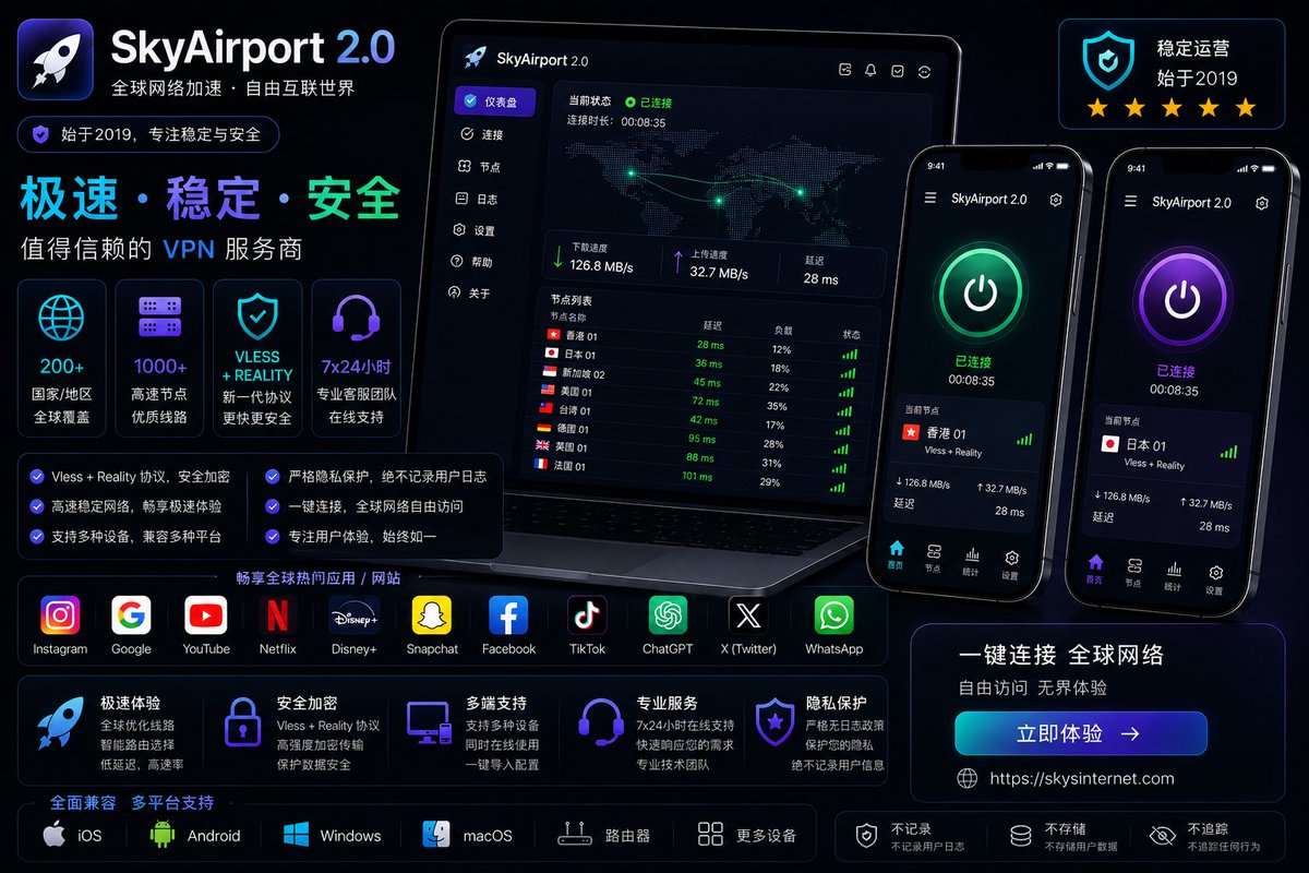 Shadowrocketvpn's tweet photo. ✨ SkyAirport VPN ✈️  
🌐 全球优质节点  
🔒 隐私保护  
⚡ 稳定流畅  

🔗 https://t.co/zrKFy9nD0r  

#SkyAirportVPN #高速VPN #网络自由 #Shadowrocket #Clash https://t.co/T9JKl0PVw9