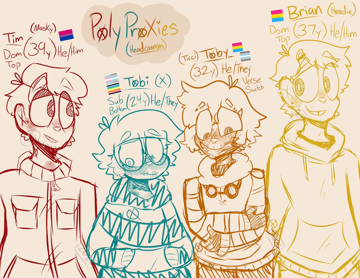 xxbug666xx's tweet photo. Was inspired by @Gothic_Damien to draw my proxy persona +Polyproxy :3 โค๏ธ๐ฉต๐งก๐ So here are bunch of my head-cannon stuff for them :3 (Donโt know how accurate the ages are but is what i could find lol) #creepypasta #marblehornets #polyproxy #polyproxies #headcannons https://t.co/bDazAcK8cQ