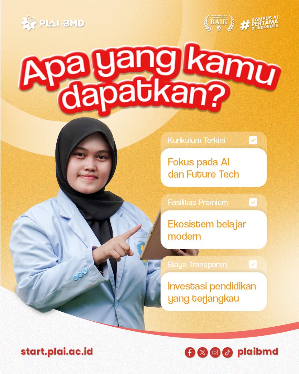 Plaibmd's tweet photo. Kalau bisa mulai dari sekarang, kenapa nunggu nanti?😊

https://t.co/4AOWjlA2Tt

#PLAIBMD #KuliahMasaDepan #BelajarAI #FutureCareer #CampusLife https://t.co/cI6h9jnoGj