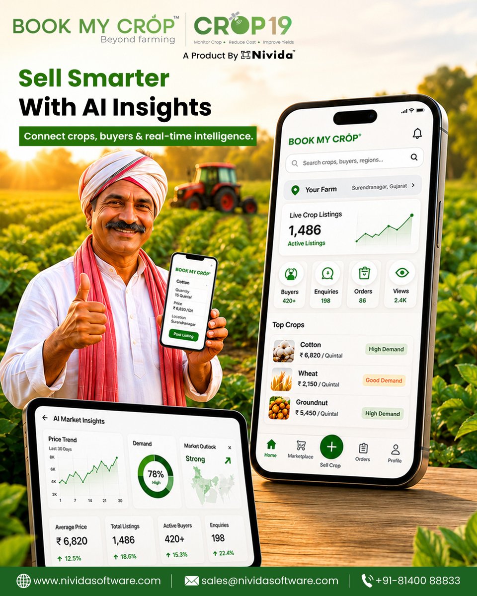 NividaSoftware's tweet photo. Sell Smarter with AI-Powered #Farming🌾
Grow smarter. Sell better. Farm with #AI

🌐 𝐰𝐰𝐰.𝐜𝐫𝐨𝐩𝟏𝟗.𝐜𝐨𝐦
📩 𝐜𝐨𝐧𝐭𝐚𝐜𝐭@𝐛𝐨𝐨𝐤𝐦𝐲𝐜𝐫𝐨𝐩.𝐜𝐨𝐦
📞 +𝟗𝟏-𝟖𝟏𝟒𝟎𝟎 𝟖𝟖𝟖𝟑𝟑

#MachineLearning #AR #VR #Automation #WisdomQuotes #IoT #BusinessTransformation #Digital https://t.co/mRWYH50Kcj