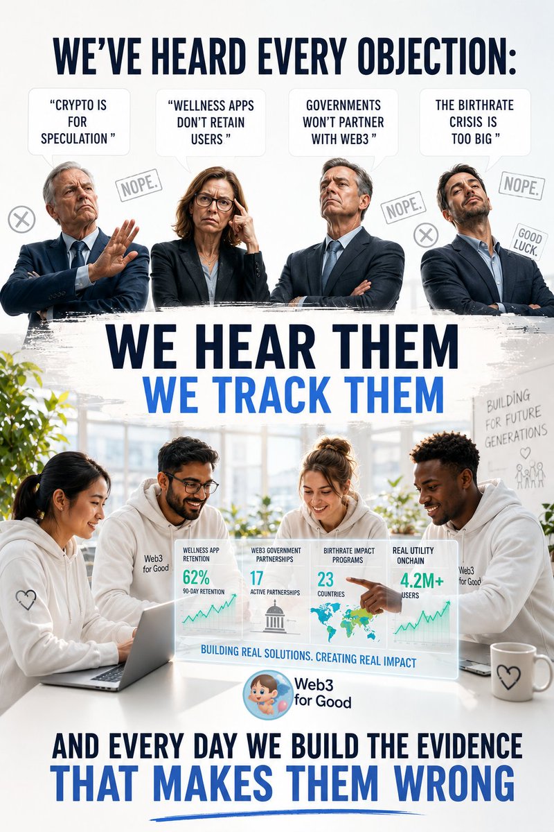 BabyBoomToken's tweet photo. We've heard every objection:
"Crypto is for speculation."
"Wellness apps don't retain users."
"Governments won't partner with Web3."
"The birthrate crisis is too big."
We hear them. We track them.
And every day we build the evidence that makes them wrong.
$BBT #BabyBoomToken https://t.co/rJKQTwtKXI