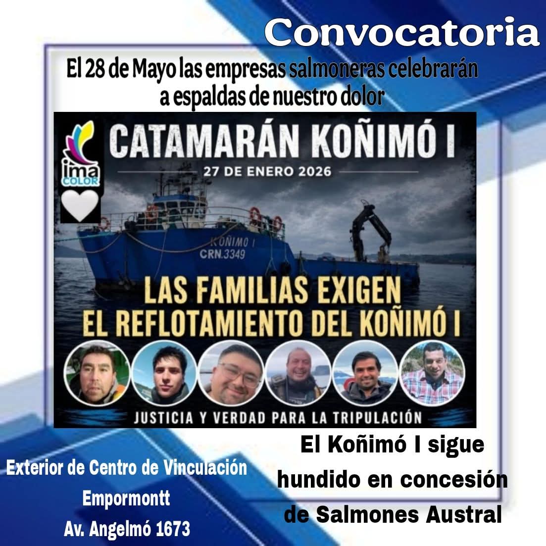 fesimar's tweet photo. inmediata que se lleve a cabo el reflotamiento del Koñimó I, para que se conozca toda la verdad de lo ocurrido y se haga justicia. Señalan que Salmones Austral ya se comprometió con la Fiscalía y con las propias familias, y que la armadora ya dio su autorización, por lo que no https://t.co/QnY6TT1Cij