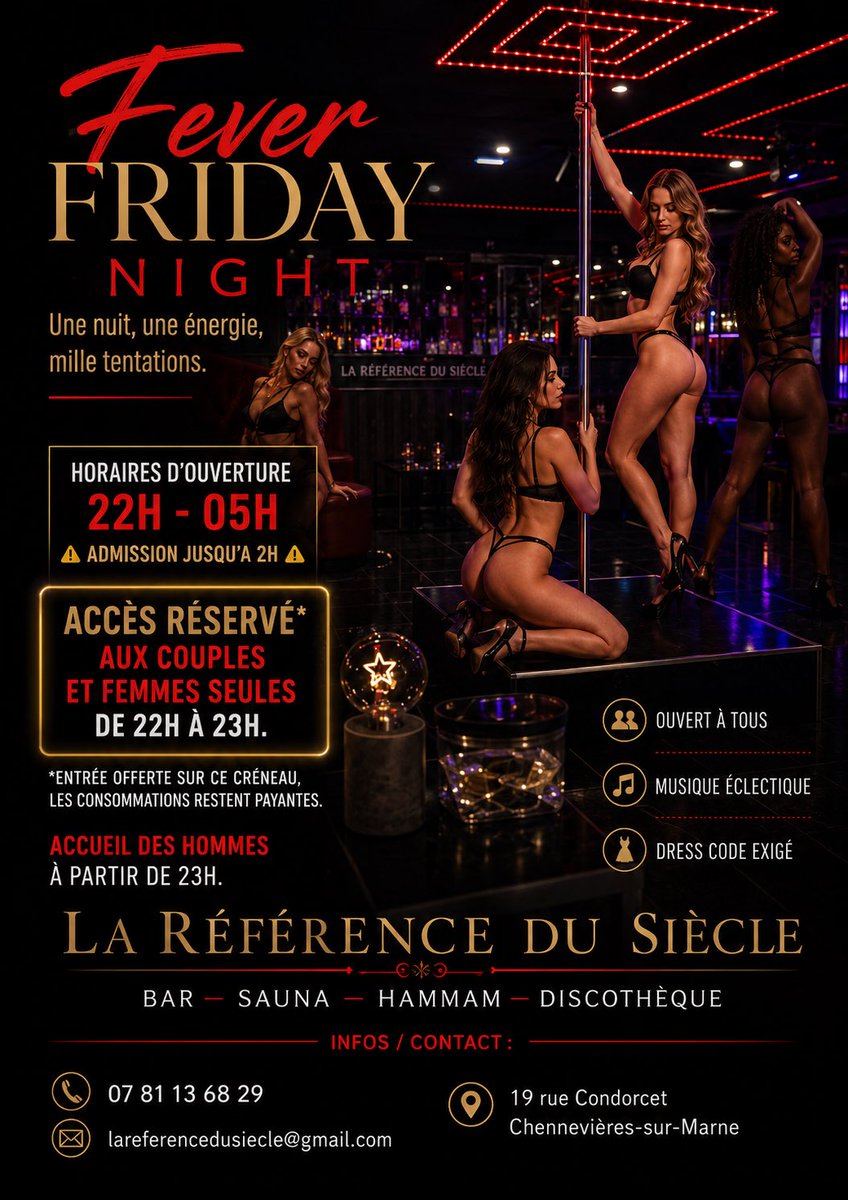 LRDS94's tweet photo. 🔥 Fever Friday Night 🔥

Une nuit intense et pleine de tentations vous attend à La Référence du Siècle 😈

💋 Couples &amp; femmes seules de 22h à 23h (Entrée offerte sur ce créneau) 🔥 Hommes à partir de 23h

🕙 22h – 05h 
#FeverFridayNight #NightClub #SoireeHot https://t.co/sDcbZMpM32
