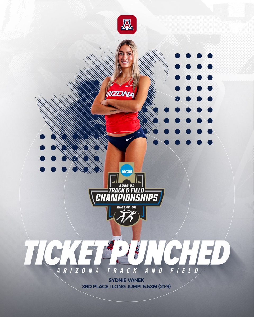 ArizonaTrack's tweet photo. 𝗡𝗘𝗫𝗧 𝗦𝗧𝗢𝗣 ➡️ 𝗘𝗨𝗚𝗘𝗡𝗘✈️  

Sydnie Vanek punched her ticket to the NCAA Championships for the FIRST TIME EVER with a 3rd-place finish in the long jump at West Regionals with a mark of 6.63M(21-9). 

#BearDown https://t.co/t6uG6rpg7K