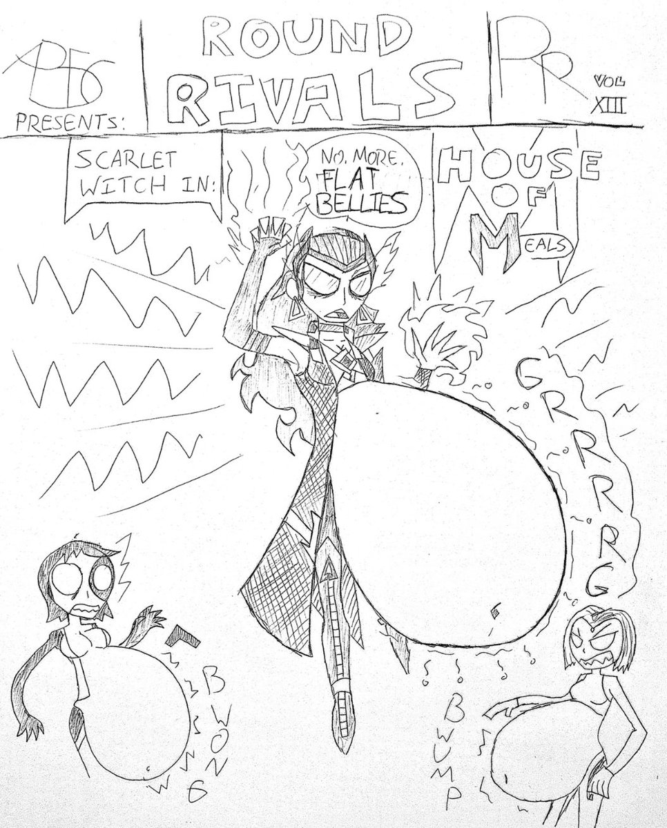 MatthewRod51147's tweet photo. "Feeling judged for her recent eating habits and subsequent bloated form, a manic and jealous Scarlet Witch utters four words that forever change her corner of the Omniverse: 'No. More. Flat bellies.' And reality shifted, making this declaration real!" https://t.co/es3IrMPL3P