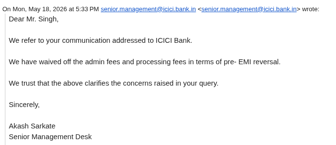 singhNisheet's tweet photo. @cpt_t88 @ICICIBank @RBI @GovSMalhotra @nsitharaman @DFS_India I have same experience of shameless Misselling  from ICICI where they gave me loan by saying that my admin fees and processing fees will be waived off but later told that that is covered by waiving off my Pre EMI interest. Even CEO mr Sandeep Bakhshi has maintained his silence. https://t.co/fqRq8FmSUP