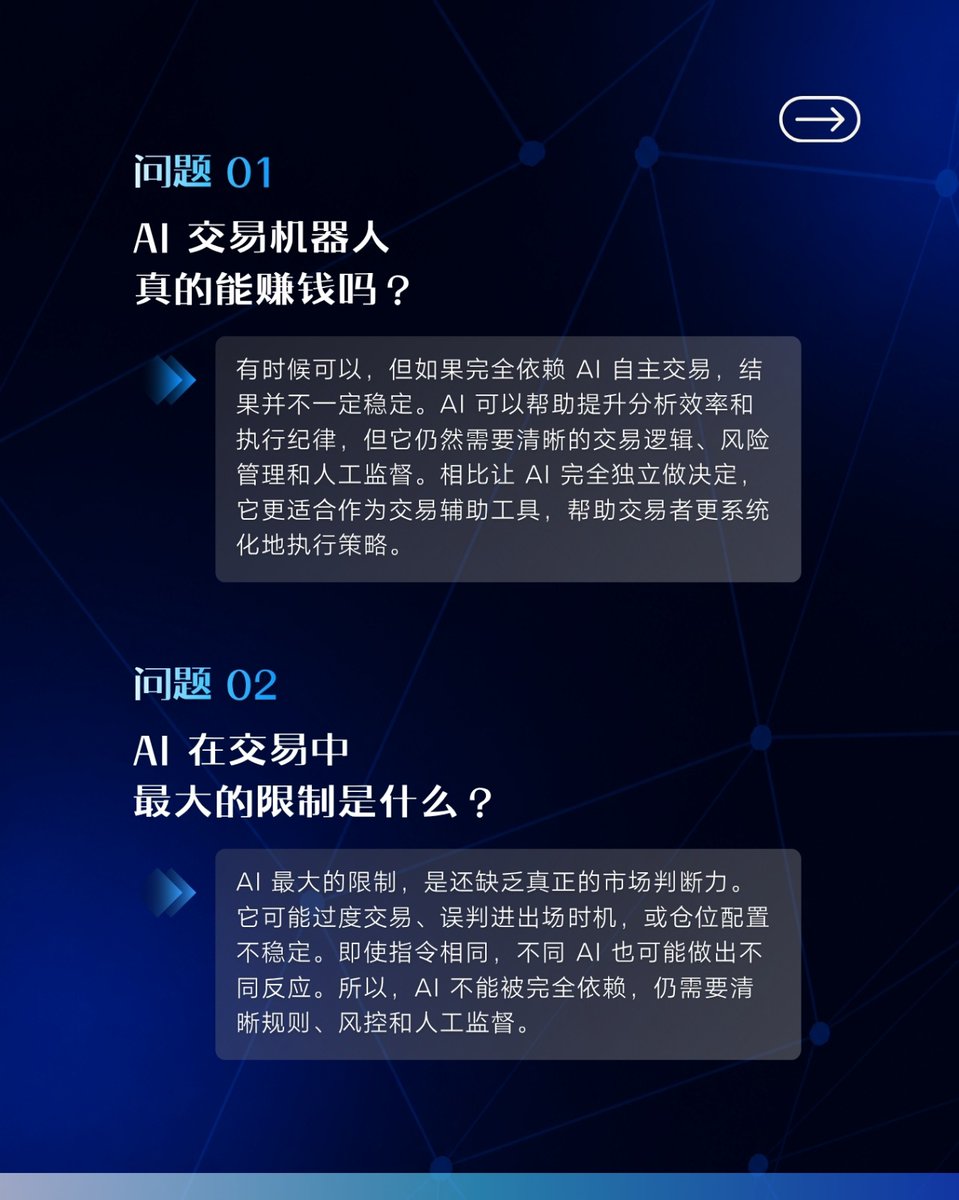 aurainference's tweet photo. 关于 AI 交易机器人的常见问题 💬

AI 交易机器人可协助分析市场与执行策略，提升效率并减少情绪化操作。
但 AI 并非稳赚工具，稳定交易仍离不开策略、风控与监督。

以下整理几个常见问题，带你更理性地认识 AI 交易机器人。

👉 Swipe 了解更多

#AuraInference #AIQuantitativeLab #FAQ #AITrading https://t.co/7zyv9IbTsX