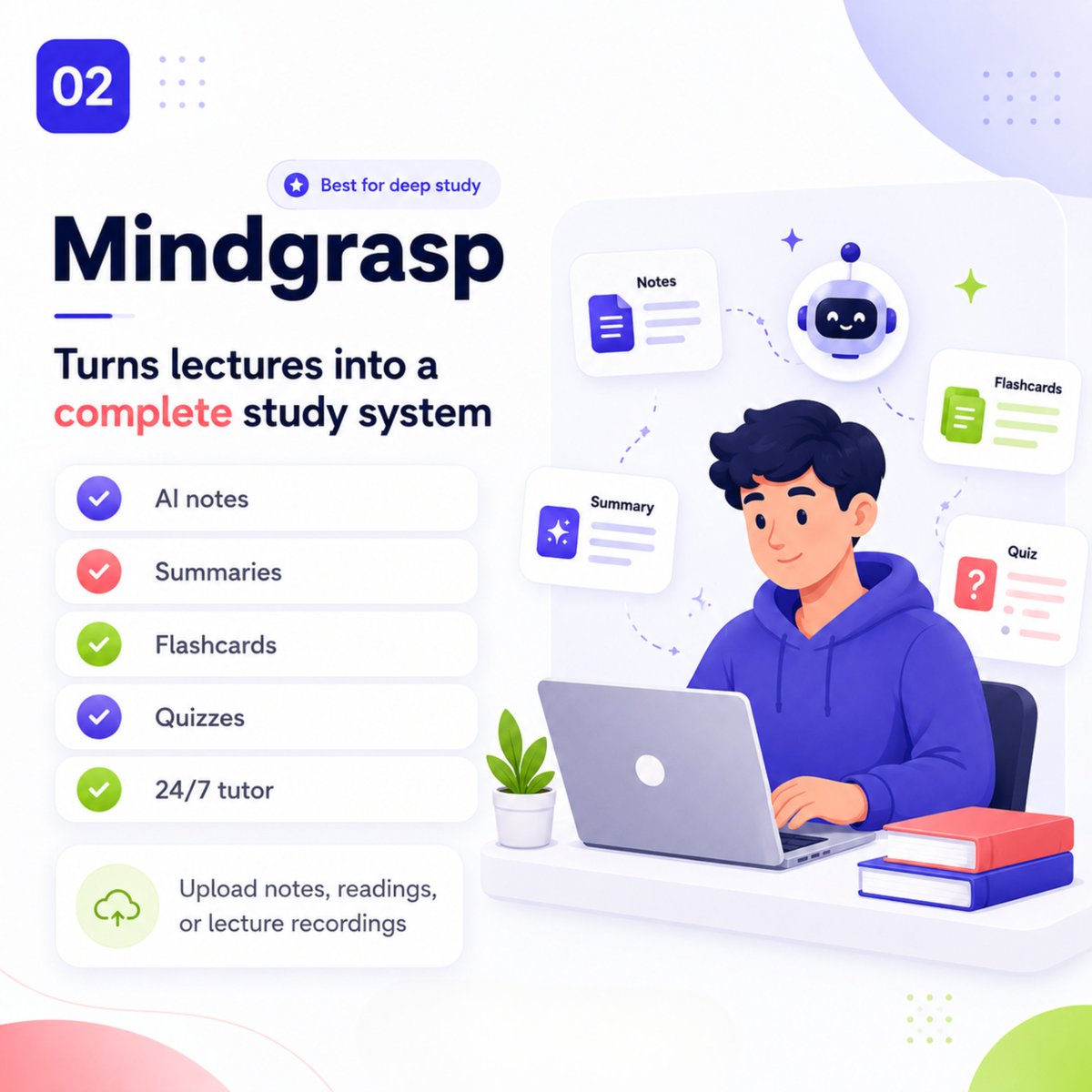 LearnCoursesEdu's tweet photo. Turn scattered study materials into a smarter learning system.

Tools like Mindgrasp, Knowt, StudyFetch, and Revisely help you create summaries, flashcards, quizzes, and study plans faster.

Save this carousel and try one tool this week.

#AITools #StudyTips #OnlineLearning #AIForStudents #LearnSmarter