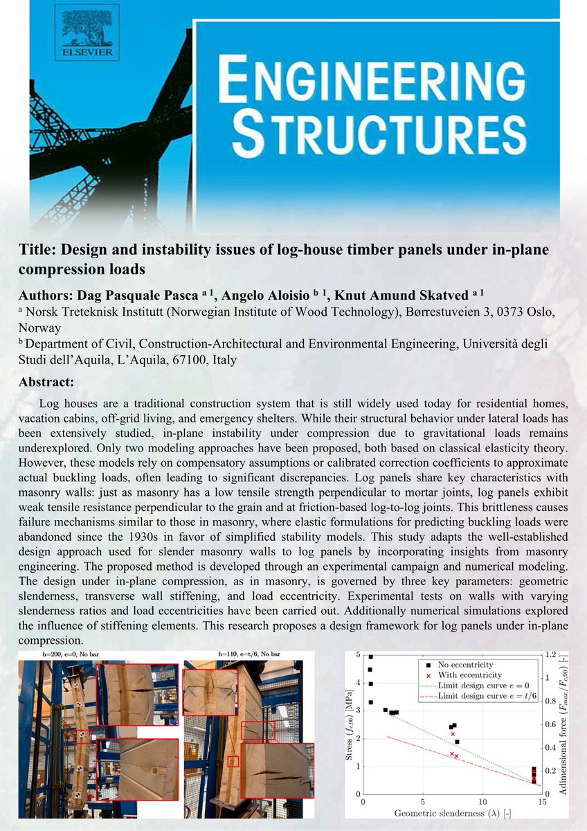 Eng_structures's tweet photo. Best Paper of the Year 2025 (Hybrid Structures)
(Europe)

Design and instability issues of log-house timber panels under in-plane compression loads

Authors: Dag Pasquale Pasca, Angelo Aloisio, Knut Amund Skatvedt

Volume 342, 1 November 2025, 120904
https://t.co/2ON7ZlxJvr https://t.co/3NSS3ub3Gk