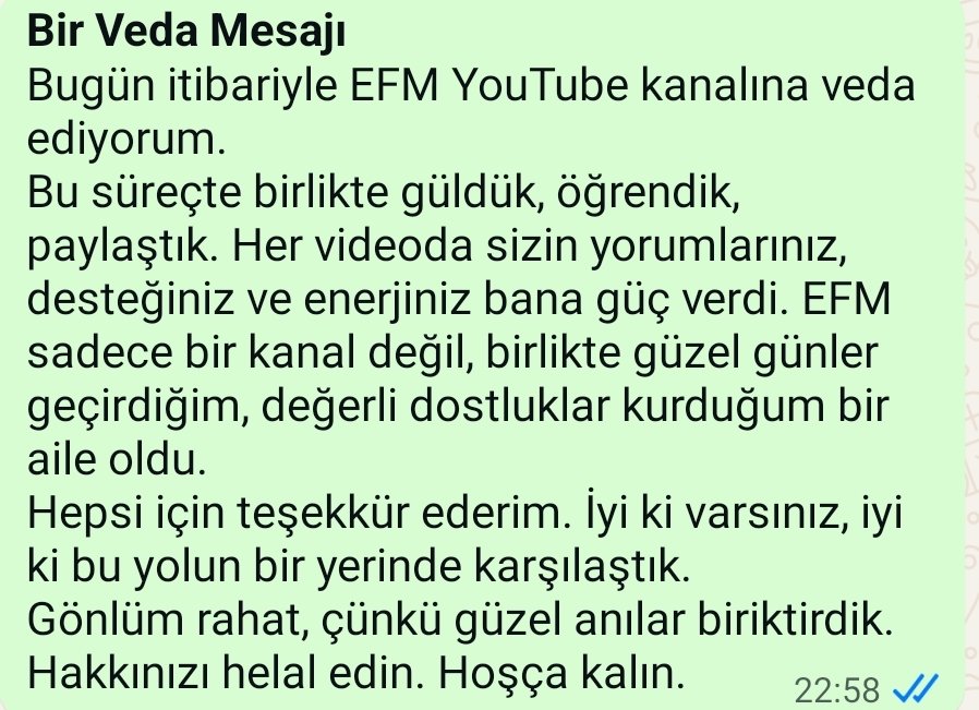 dede_fiko's tweet photo. *Hoşça kal EFM*
Güzel günlerdi, güzel insanlar tanıdım.  
Sizinle geçirdiğim her an için minnettarım.  
Hakkınızı helal edin, kalbimde hep bir yeriniz olacak.

Sevgiyle kalın.
@UfkCakir 
@AykutBlc06 
@avmetinabaci 
@CemalSuber17181 
@meneresavsar75 
@YusufTAKAK_ https://t.co/xw7KbjUA7X