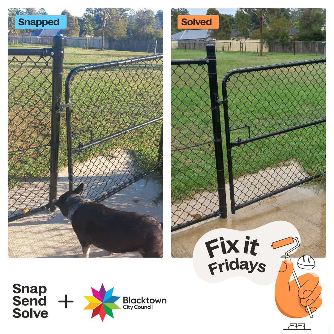SnapSendSolve's tweet photo. No more ruff edges for this dog park 🦴

There’s nothing like a trip to the dog park, but a broken fence can turn a fun run into a stressful situation. 

This week, we’re highlighting a great result from the @blacktowncc crew. 

#FixItFriday #DogParkLife https://t.co/5MsGvbYnBA